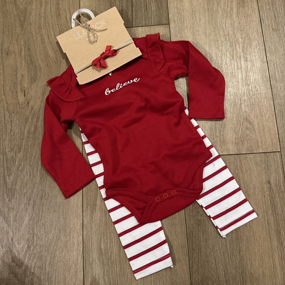 Lila & Jack Baby Girl Holiday 'Believe' 3 Pc‎ Bodysuit Pants Set 3-6 Mo. NEW